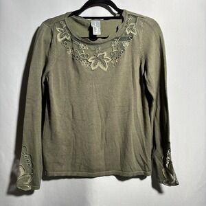 Fair Lady Green Sweater Top Fairy Core Boho Semi Sheer Leaf Embroidered Artsy M‎